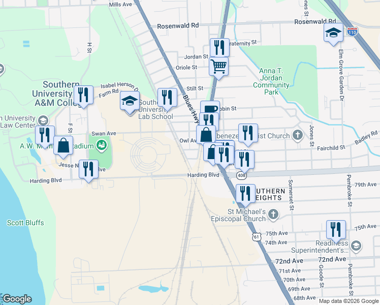 map of restaurants, bars, coffee shops, grocery stores, and more near 1060 Simms Street in Baton Rouge