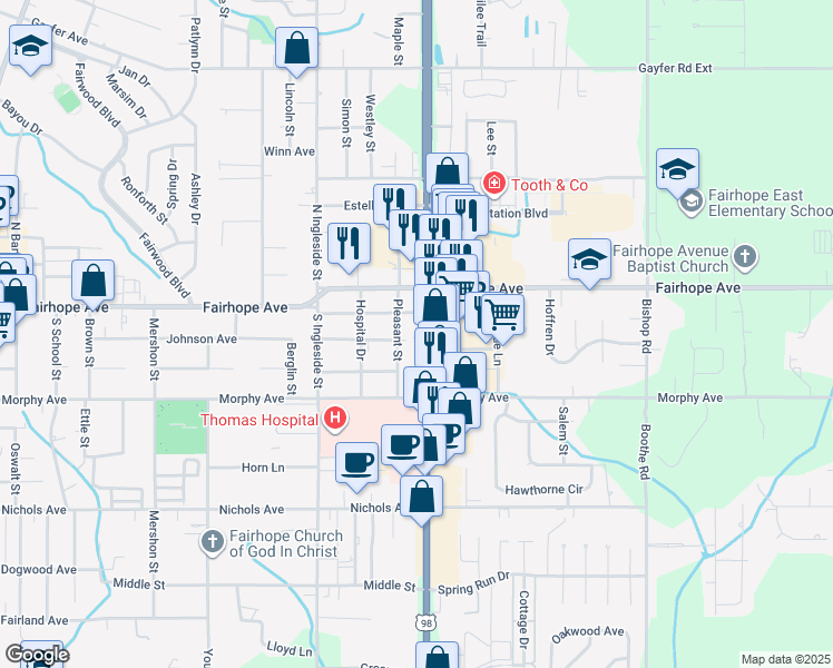 map of restaurants, bars, coffee shops, grocery stores, and more near 54 South Greeno Road in Fairhope