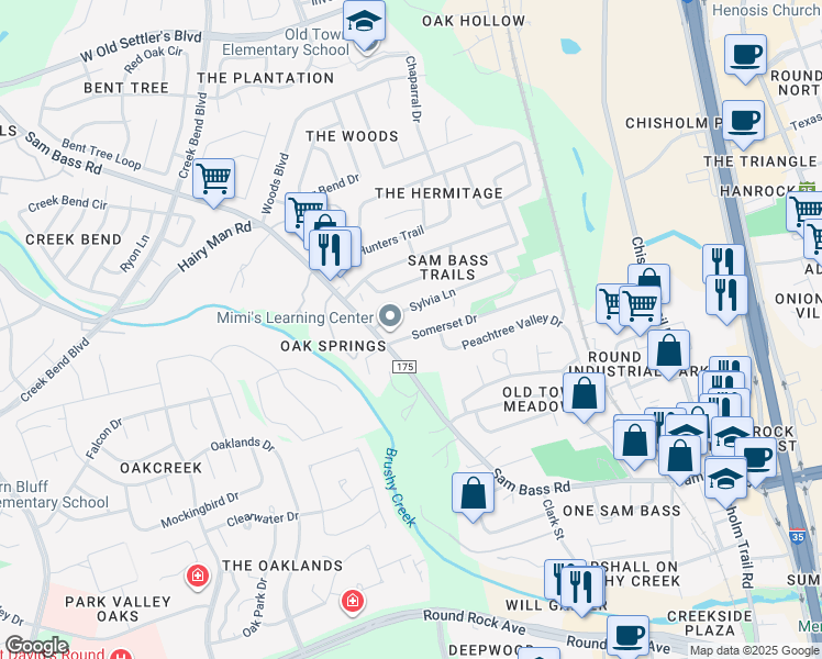 map of restaurants, bars, coffee shops, grocery stores, and more near 1800 Somerset Drive in Round Rock