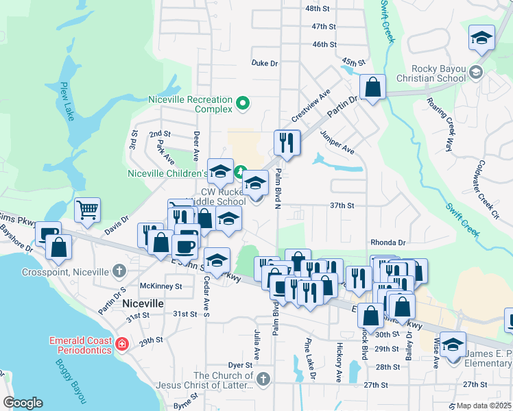 map of restaurants, bars, coffee shops, grocery stores, and more near 201 Partin Drive North in Niceville