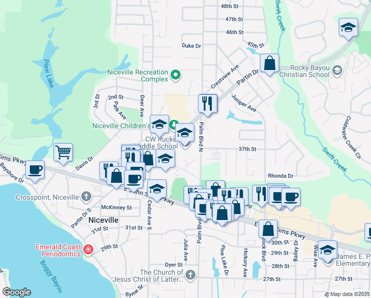 map of restaurants, bars, coffee shops, grocery stores, and more near 201 Partin Drive North in Niceville