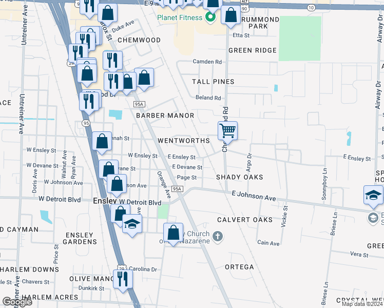 map of restaurants, bars, coffee shops, grocery stores, and more near 74 East Ensley Street in Pensacola