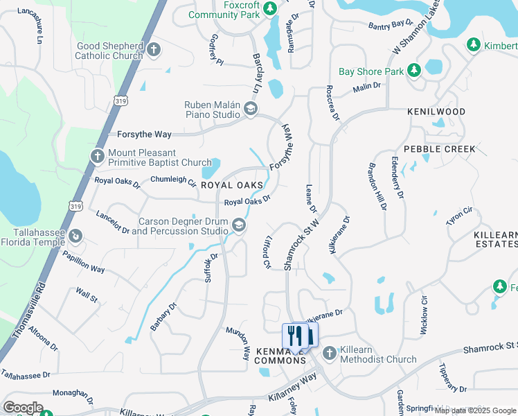 map of restaurants, bars, coffee shops, grocery stores, and more near 2865 Royal Oaks Drive in Tallahassee
