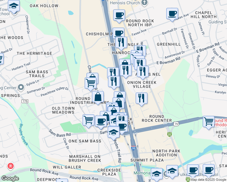 map of restaurants, bars, coffee shops, grocery stores, and more near 1500 North Interstate 35 Frontage Road in Round Rock