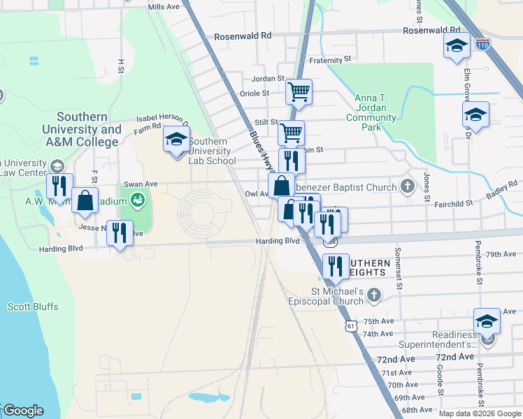 map of restaurants, bars, coffee shops, grocery stores, and more near 1060 Simms Street in Baton Rouge
