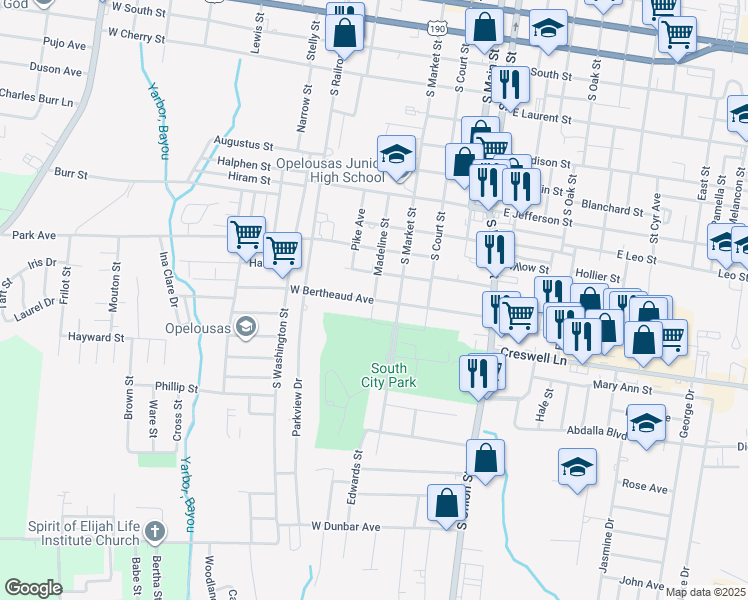 map of restaurants, bars, coffee shops, grocery stores, and more near 299 W Bertheaud Ave in Opelousas