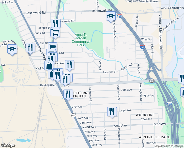 map of restaurants, bars, coffee shops, grocery stores, and more near 1850 Fairchild Street in Baton Rouge