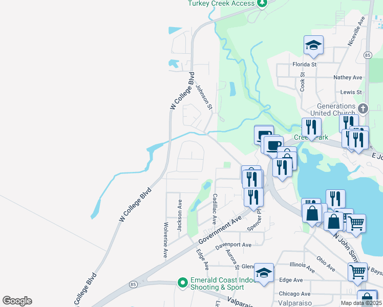 map of restaurants, bars, coffee shops, grocery stores, and more near 315 Kelly Road in Niceville