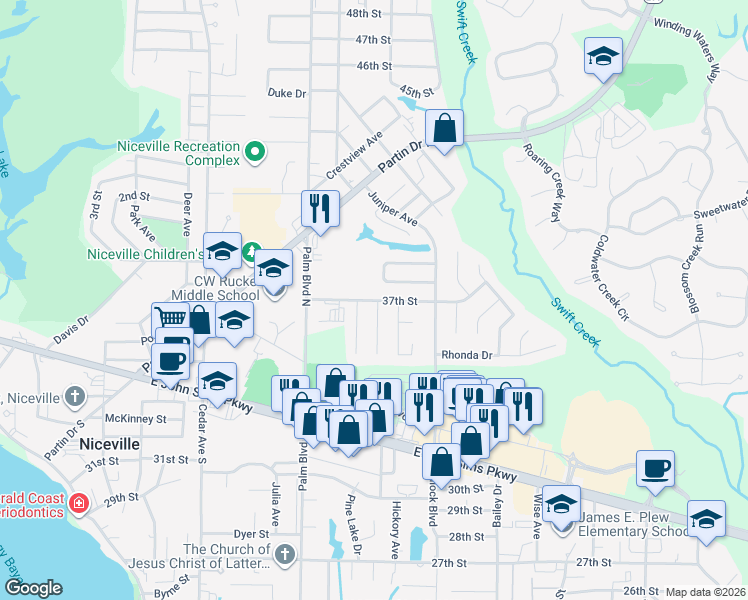 map of restaurants, bars, coffee shops, grocery stores, and more near 100 Alan A Dale Drive in Niceville