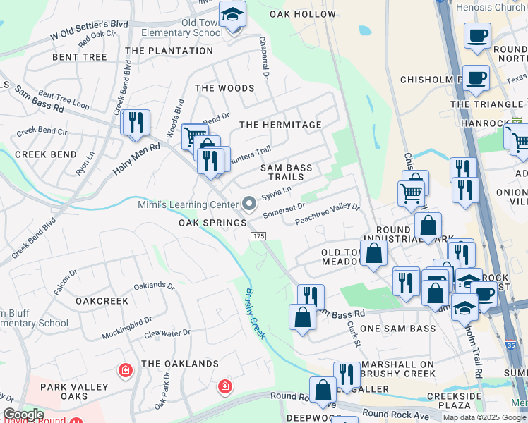 map of restaurants, bars, coffee shops, grocery stores, and more near 1800 Somerset Drive in Round Rock