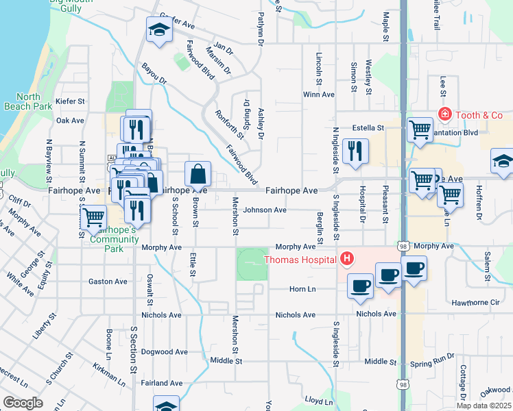 map of restaurants, bars, coffee shops, grocery stores, and more near 613 Johnson Avenue in Fairhope