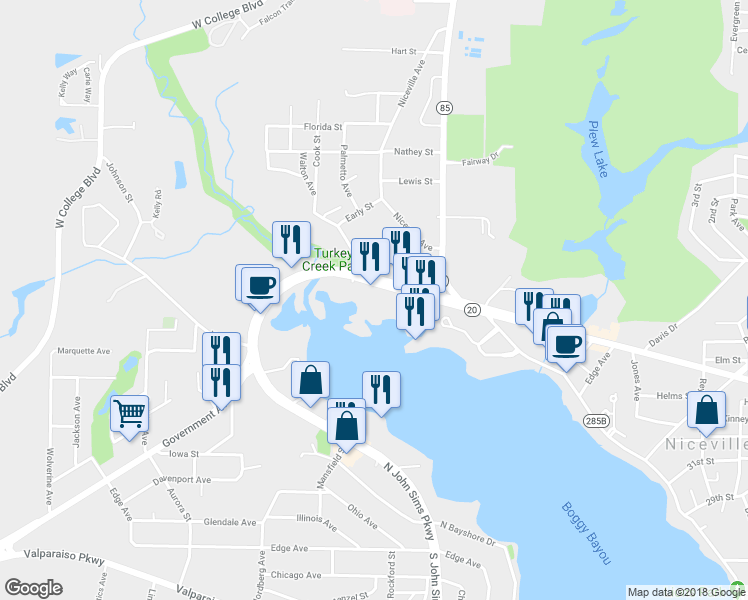 map of restaurants, bars, coffee shops, grocery stores, and more near 139 John Sims Parkway in Niceville