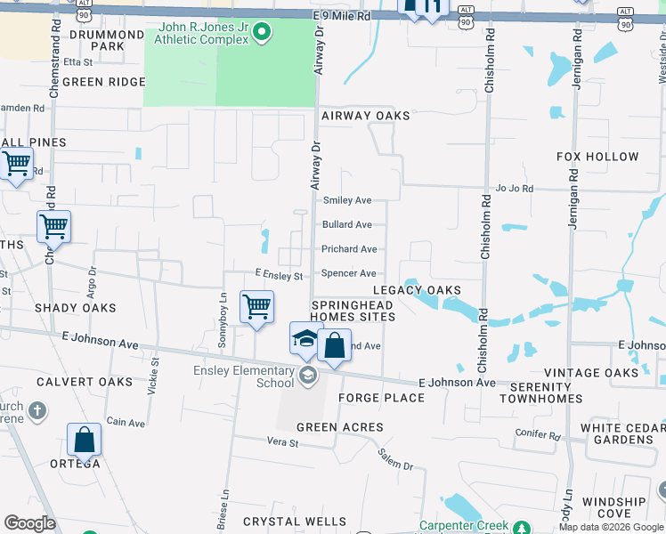 map of restaurants, bars, coffee shops, grocery stores, and more near 630 Spencer Avenue in Pensacola