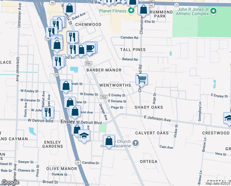 map of restaurants, bars, coffee shops, grocery stores, and more near 74 East Ensley Street in Pensacola