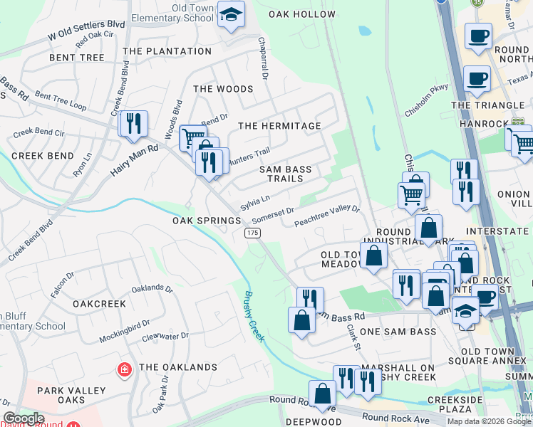 map of restaurants, bars, coffee shops, grocery stores, and more near 1800 Somerset Drive in Round Rock