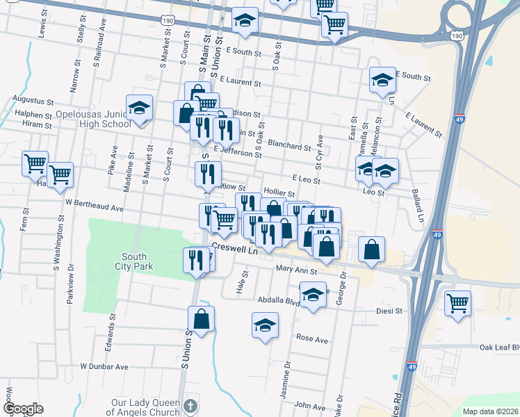 map of restaurants, bars, coffee shops, grocery stores, and more near 1201 Edith Street in Opelousas