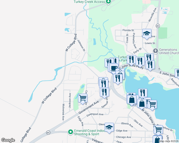 map of restaurants, bars, coffee shops, grocery stores, and more near 300a Kelley Road in Niceville