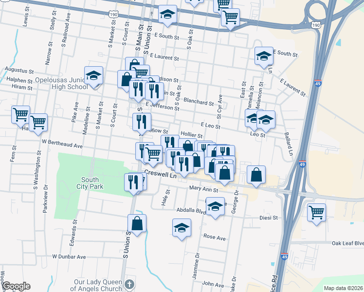 map of restaurants, bars, coffee shops, grocery stores, and more near 1201-1299 Edith Street in Opelousas