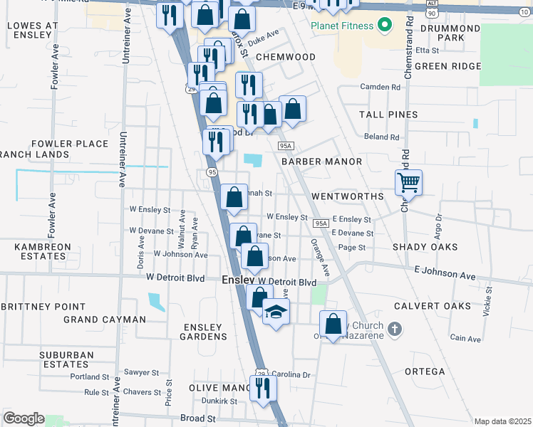 map of restaurants, bars, coffee shops, grocery stores, and more near 216 West Ensley Street in Pensacola