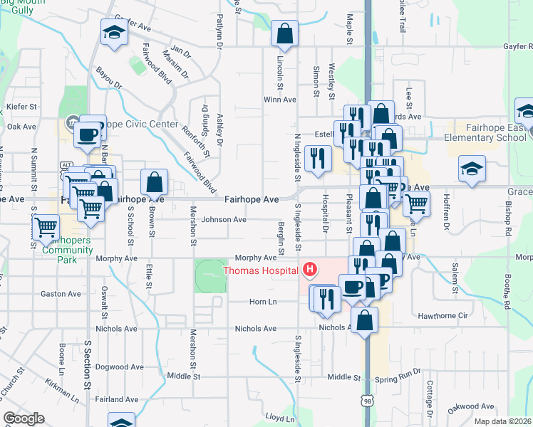 map of restaurants, bars, coffee shops, grocery stores, and more near 699 Johnson Avenue in Fairhope