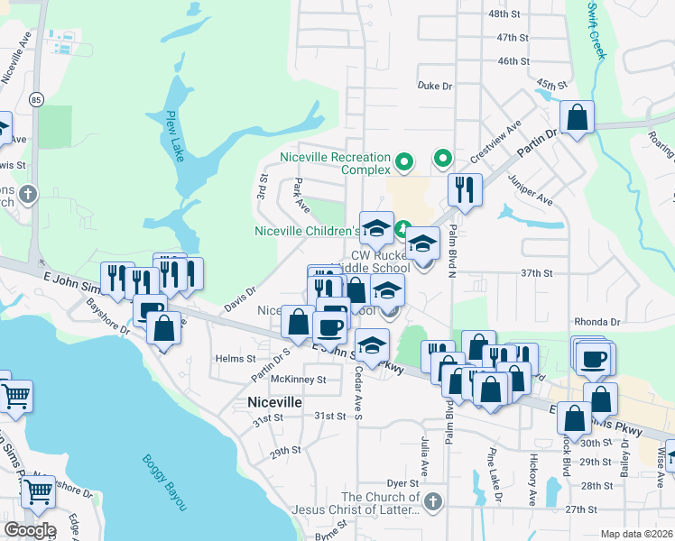 map of restaurants, bars, coffee shops, grocery stores, and more near 709 Cypress Drive in Niceville