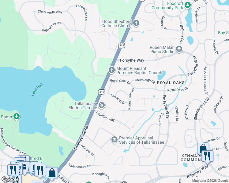 map of restaurants, bars, coffee shops, grocery stores, and more near 4012 Yardley Circle in Tallahassee