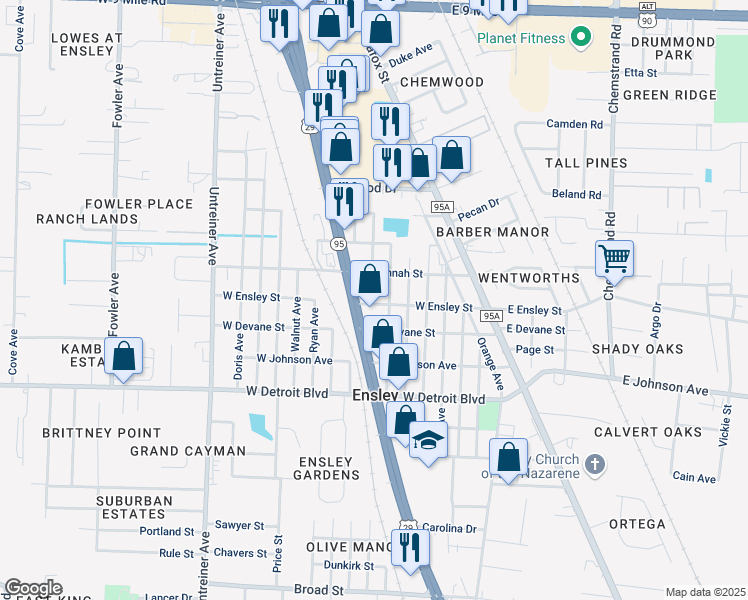 map of restaurants, bars, coffee shops, grocery stores, and more near 320 West Ensley Street in Pensacola