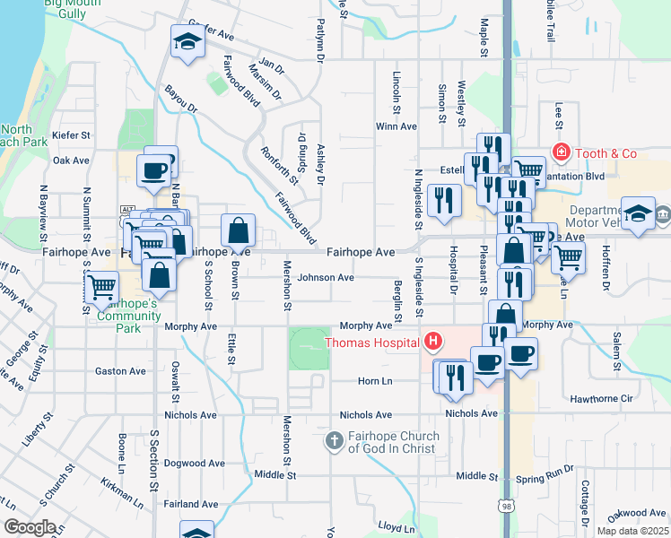 map of restaurants, bars, coffee shops, grocery stores, and more near 651 Johnson Avenue in Fairhope