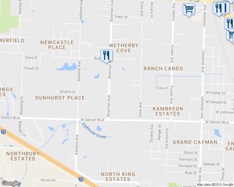 map of restaurants, bars, coffee shops, grocery stores, and more near 8565 Bowman Avenue in Pensacola