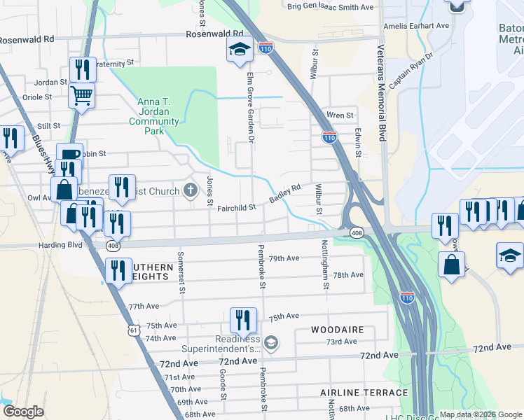 map of restaurants, bars, coffee shops, grocery stores, and more near 2358 Fairchild Street in Baton Rouge