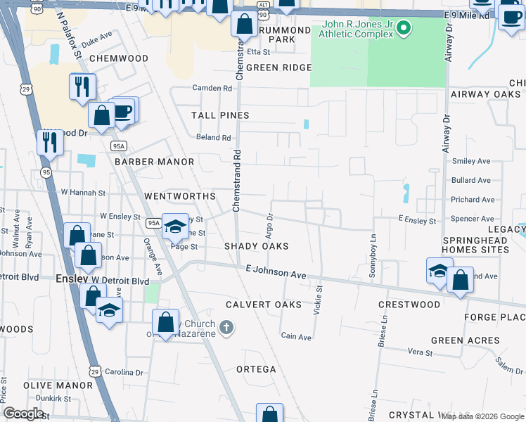 map of restaurants, bars, coffee shops, grocery stores, and more near 140 East Ensley Street in Pensacola