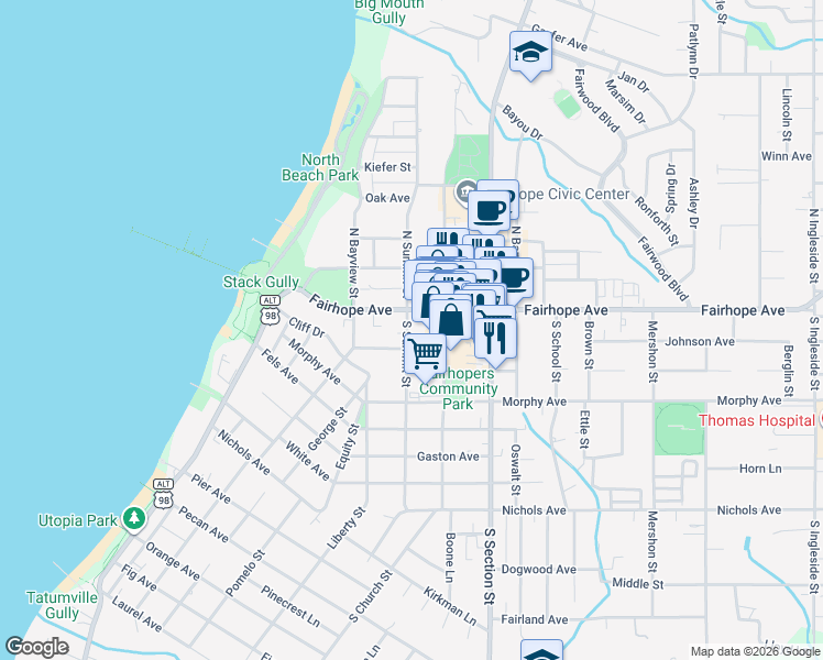 map of restaurants, bars, coffee shops, grocery stores, and more near 9 South Summit Street in Fairhope