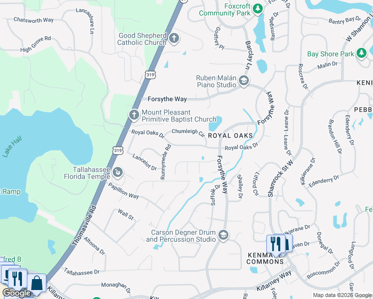 map of restaurants, bars, coffee shops, grocery stores, and more near 2615 Royal Oaks Drive in Tallahassee