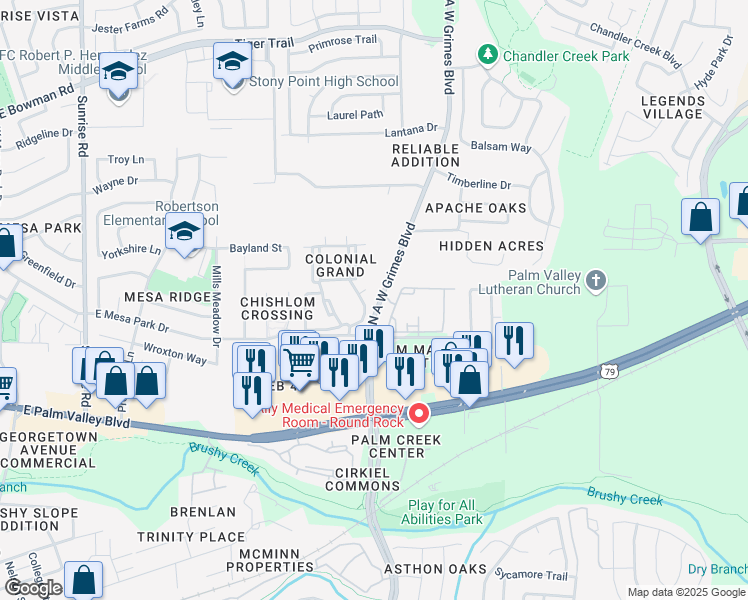 map of restaurants, bars, coffee shops, grocery stores, and more near 1300 North A.W. Grimes Boulevard in Round Rock