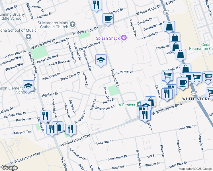 map of restaurants, bars, coffee shops, grocery stores, and more near 1008 Bohica Way in Cedar Park