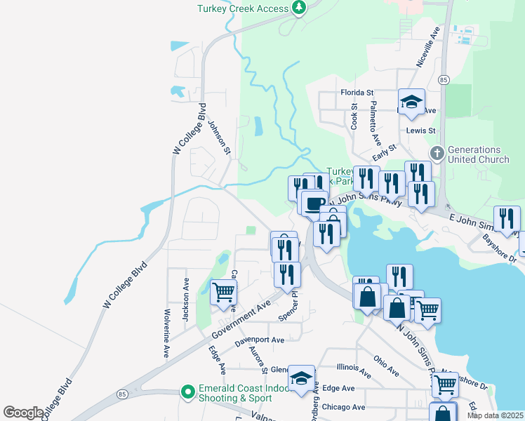 map of restaurants, bars, coffee shops, grocery stores, and more near 300 Kelly Road in Niceville