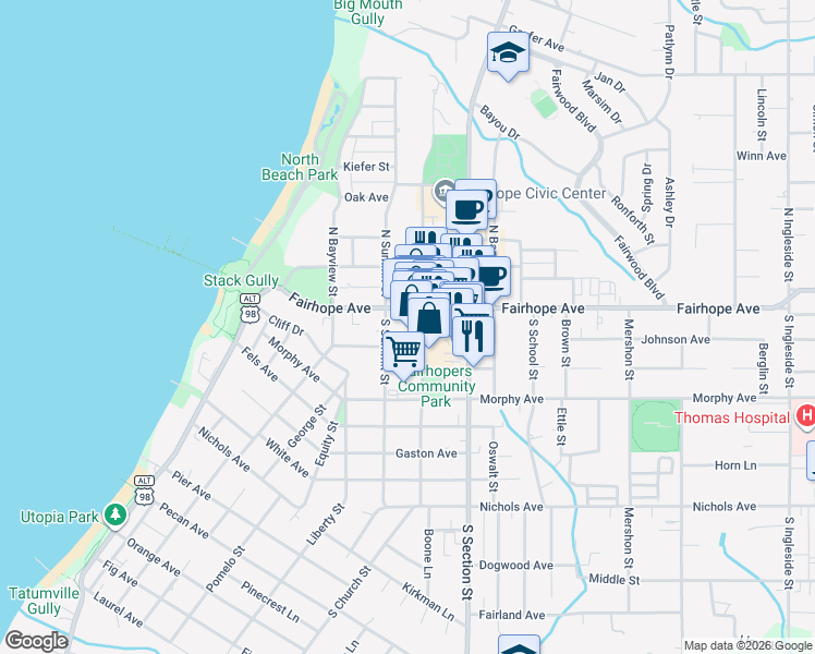 map of restaurants, bars, coffee shops, grocery stores, and more near 9 South Summit Street in Fairhope