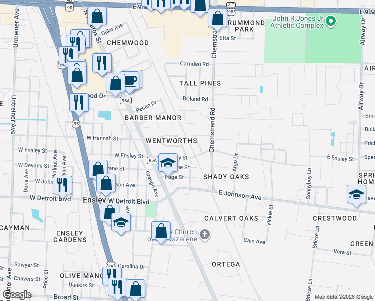 map of restaurants, bars, coffee shops, grocery stores, and more near 74 East Ensley Street in Pensacola