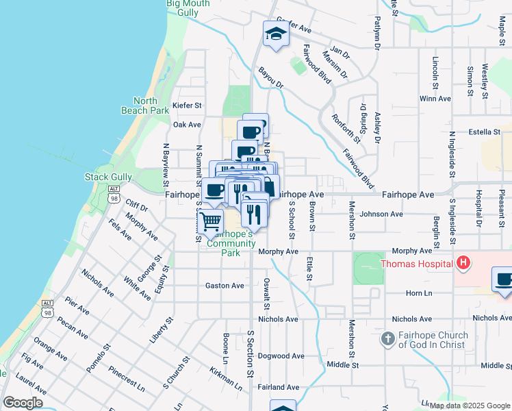 map of restaurants, bars, coffee shops, grocery stores, and more near 35 County Road 3 in Fairhope