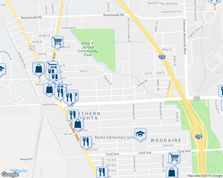 map of restaurants, bars, coffee shops, grocery stores, and more near 8128 Jones Street in Baton Rouge