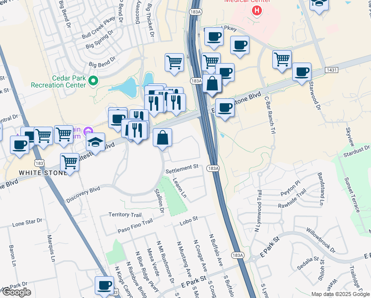 map of restaurants, bars, coffee shops, grocery stores, and more near 900 Discovery Boulevard in Cedar Park