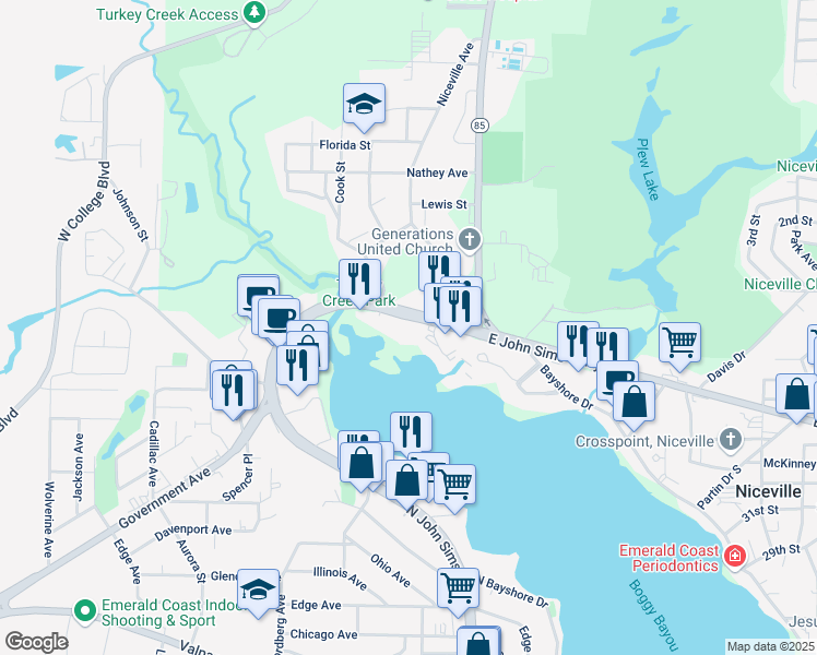 map of restaurants, bars, coffee shops, grocery stores, and more near 203 West John Sims Parkway in Niceville