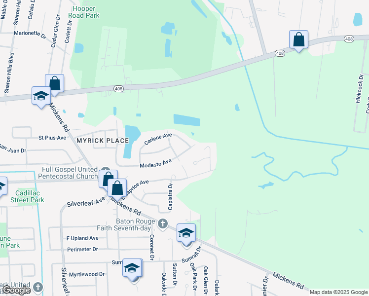 map of restaurants, bars, coffee shops, grocery stores, and more near 7272 Modesto Avenue in Baton Rouge