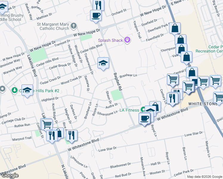 map of restaurants, bars, coffee shops, grocery stores, and more near 1004 Bohica Way in Cedar Park