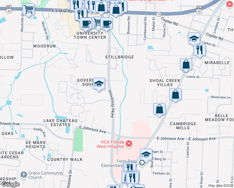 map of restaurants, bars, coffee shops, grocery stores, and more near 8700 University Parkway in Pensacola