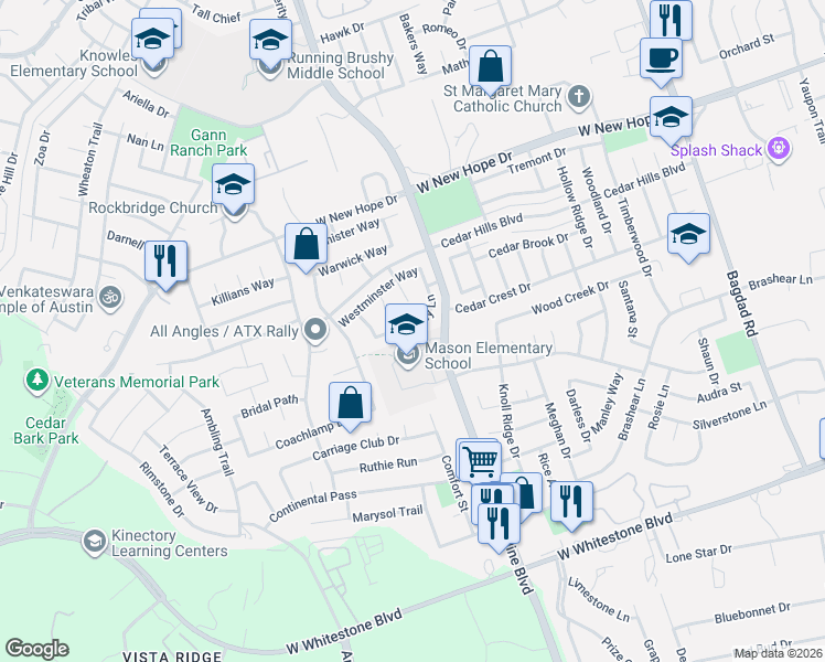 map of restaurants, bars, coffee shops, grocery stores, and more near 1612 Abbey Lane in Cedar Park