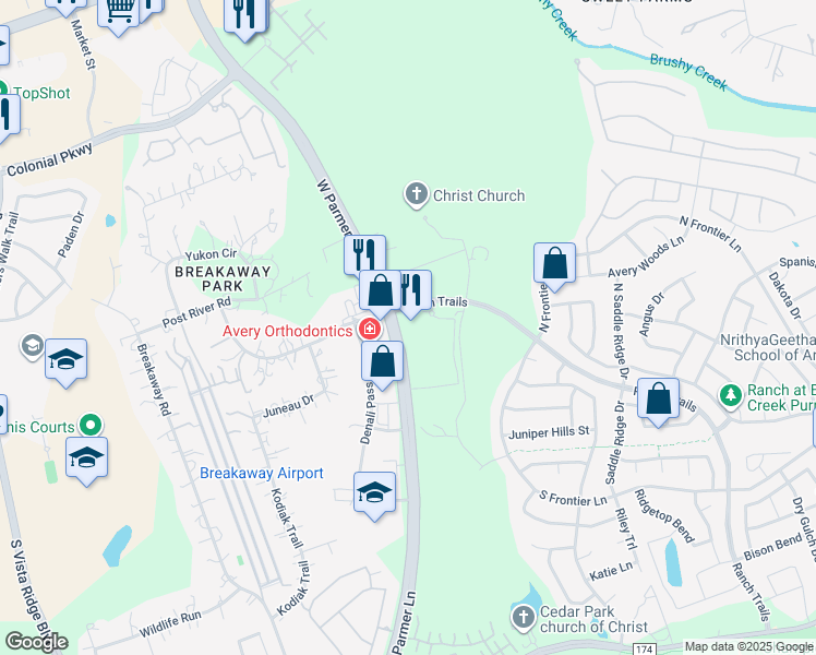 map of restaurants, bars, coffee shops, grocery stores, and more near 12100 West Parmer Lane in Cedar Park