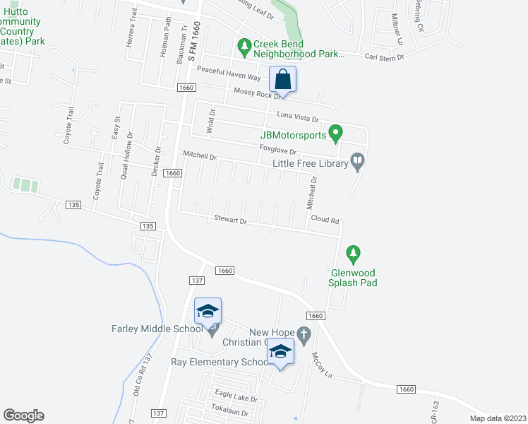 map of restaurants, bars, coffee shops, grocery stores, and more near 608 Losoya Court in Hutto