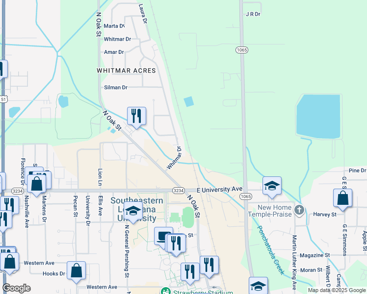 map of restaurants, bars, coffee shops, grocery stores, and more near 8 Whitmar Drive in Hammond
