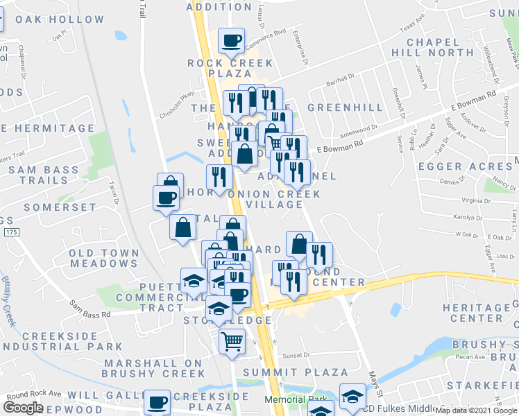 map of restaurants, bars, coffee shops, grocery stores, and more near 1502 Villa Cove in Round Rock